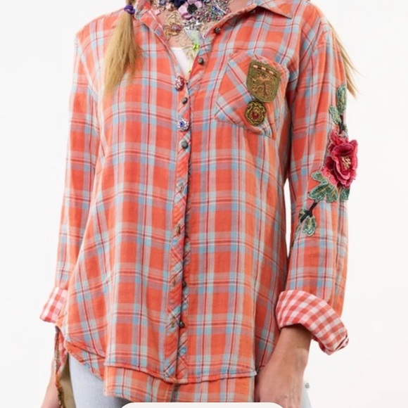Aratta Tops - Aratta Vibrant Plaid Shirt with Floral embroidered Accents